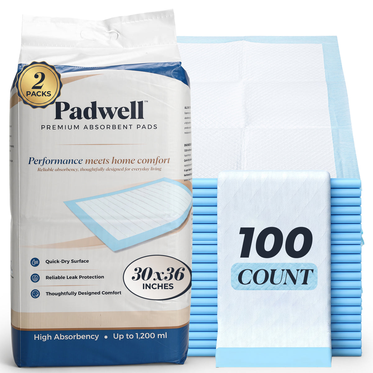 Padwell Absorbent Pads for Bed and Floor Protection, 30 x 36 Inches, 100 Count