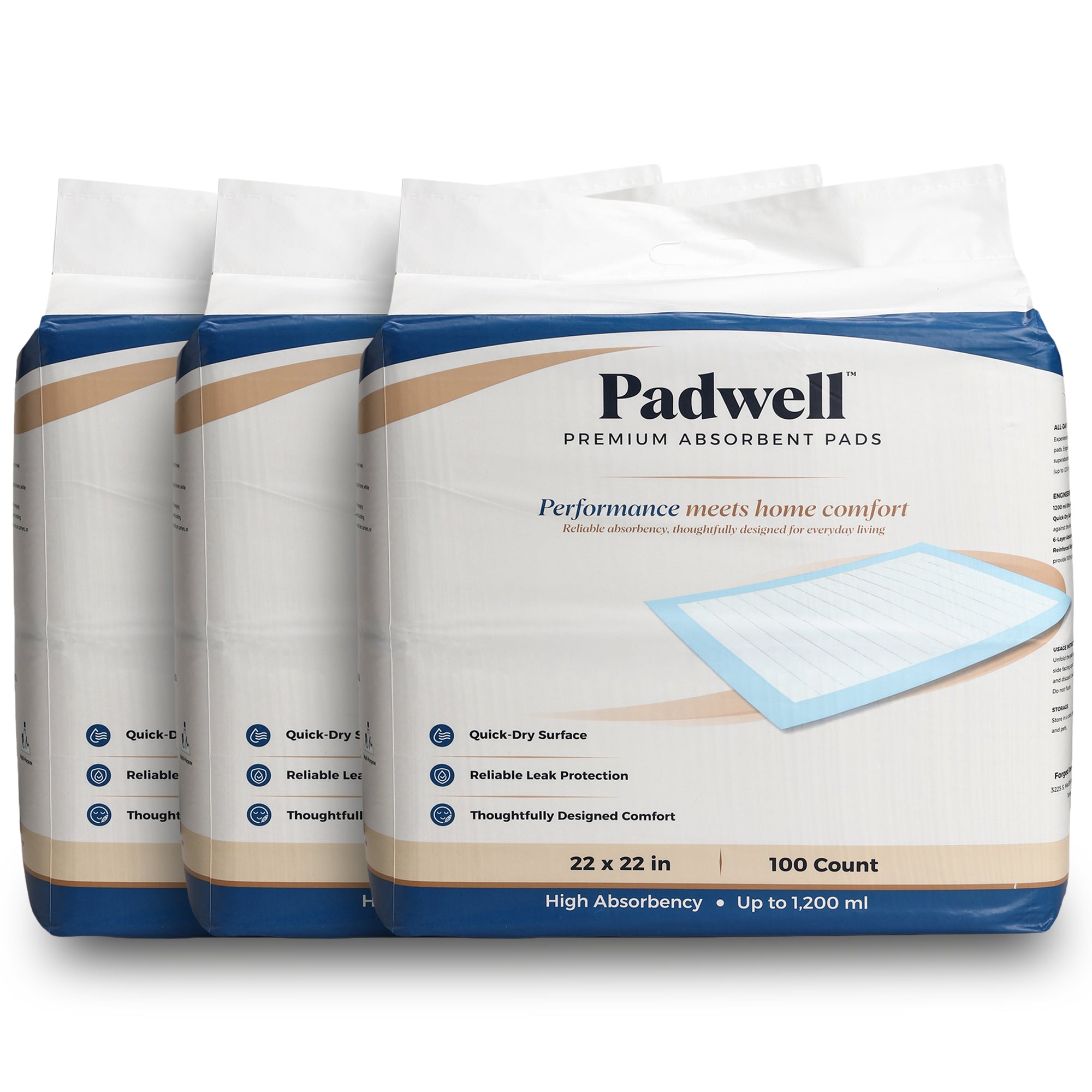 Padwell Absorbent Pads for Bed and Floor Protection, 22 x 22 Inches, 300 Count