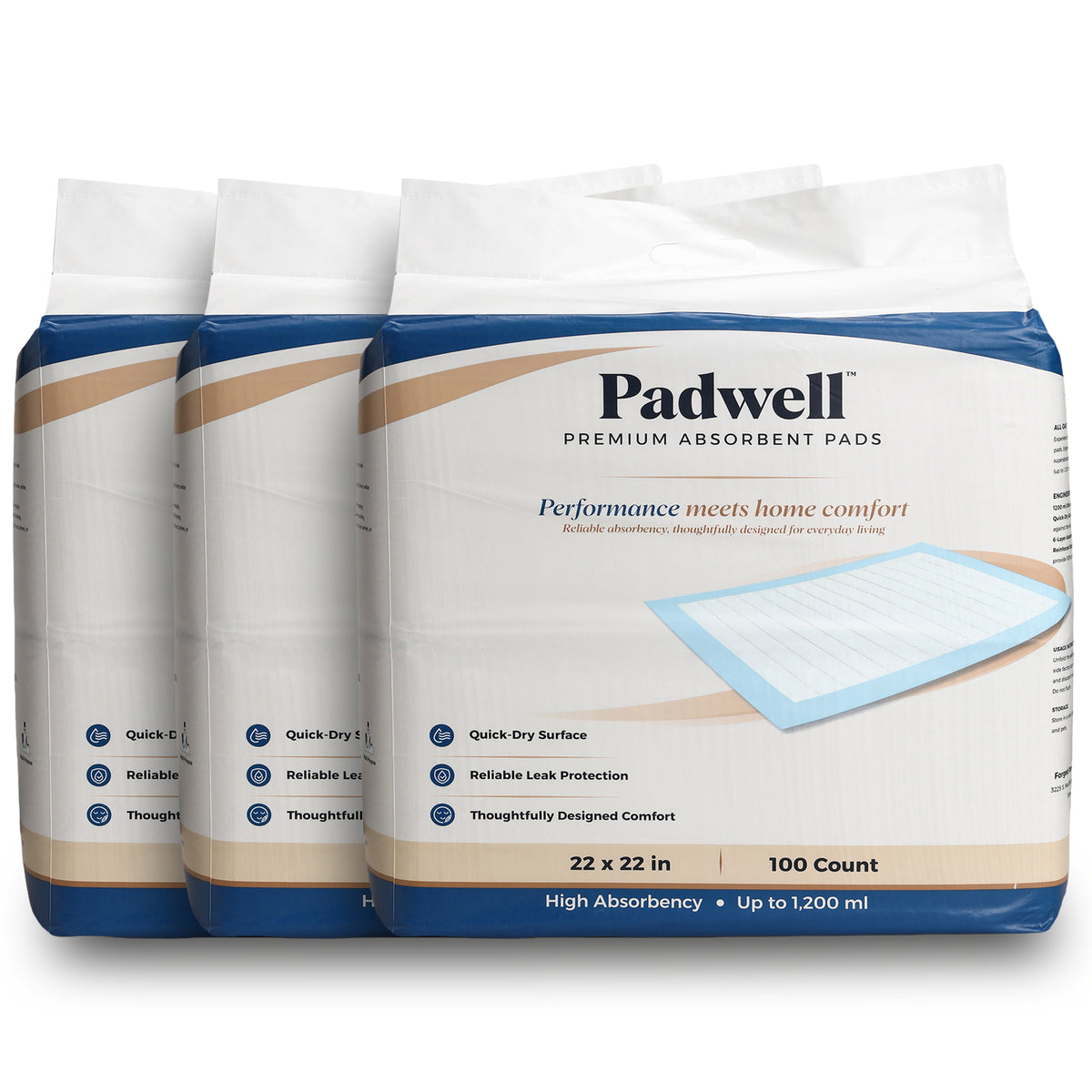 Padwell Absorbent Pads for Bed and Floor Protection, 22 x 22 Inches, 300 Count