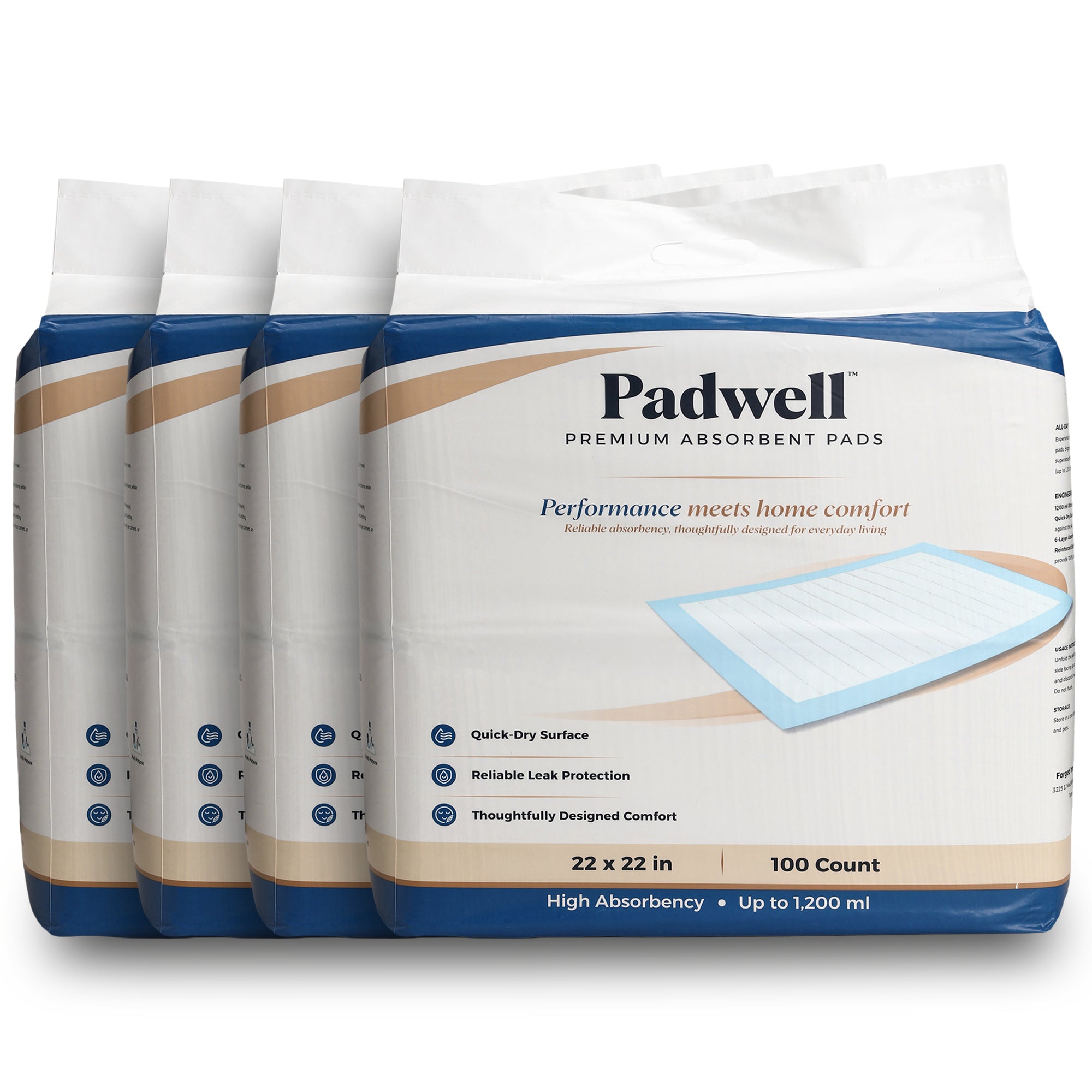Padwell Absorbent Pads for Bed and Floor Protection, 22 x 22 Inches, 400 Count