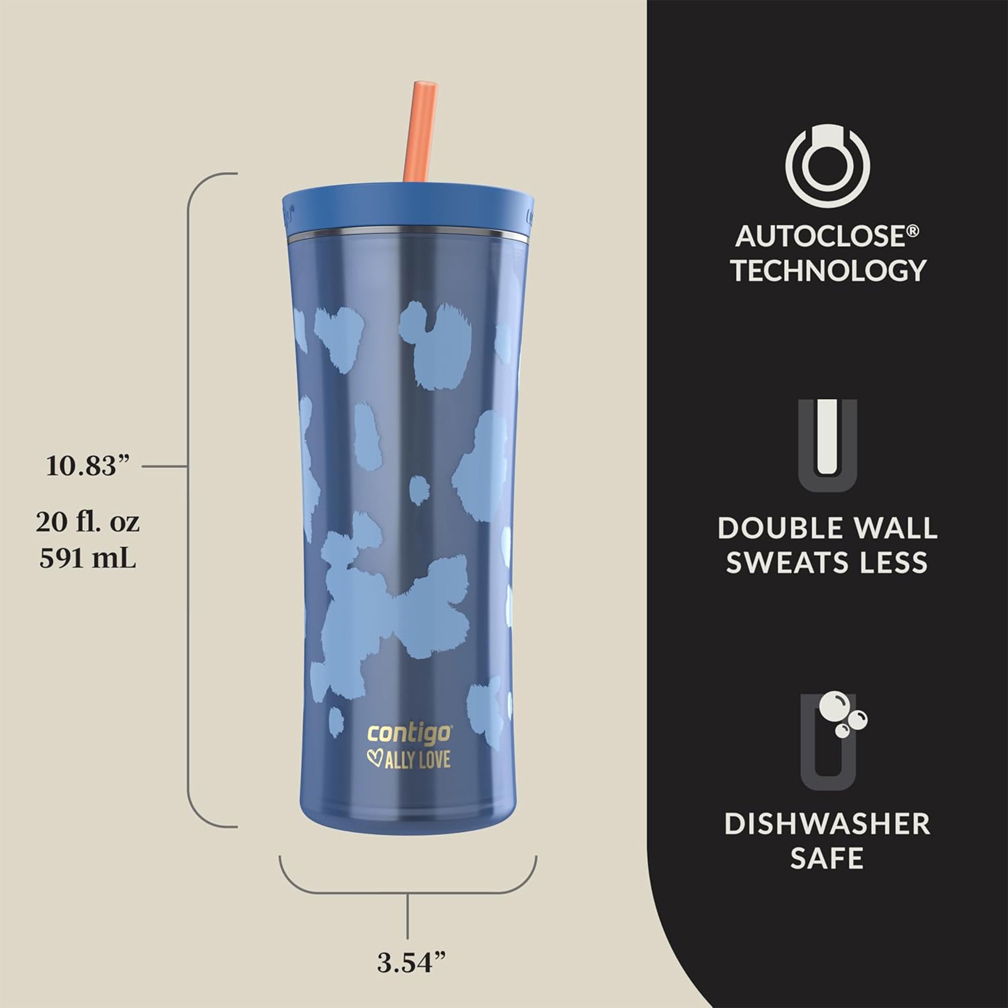 Contigo x Ally Love Shake and Go Tumbler with Autoclose Lid, 20 oz, Stellar Jay