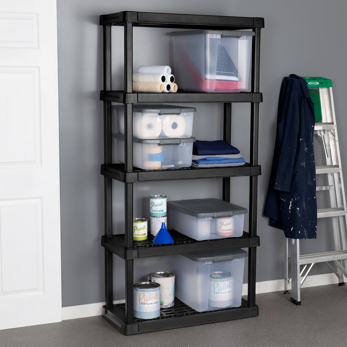 Sterilite 5 Shelf Plastic Storage Shelving Unit for Garage and Workshop, Black - VMInnovations