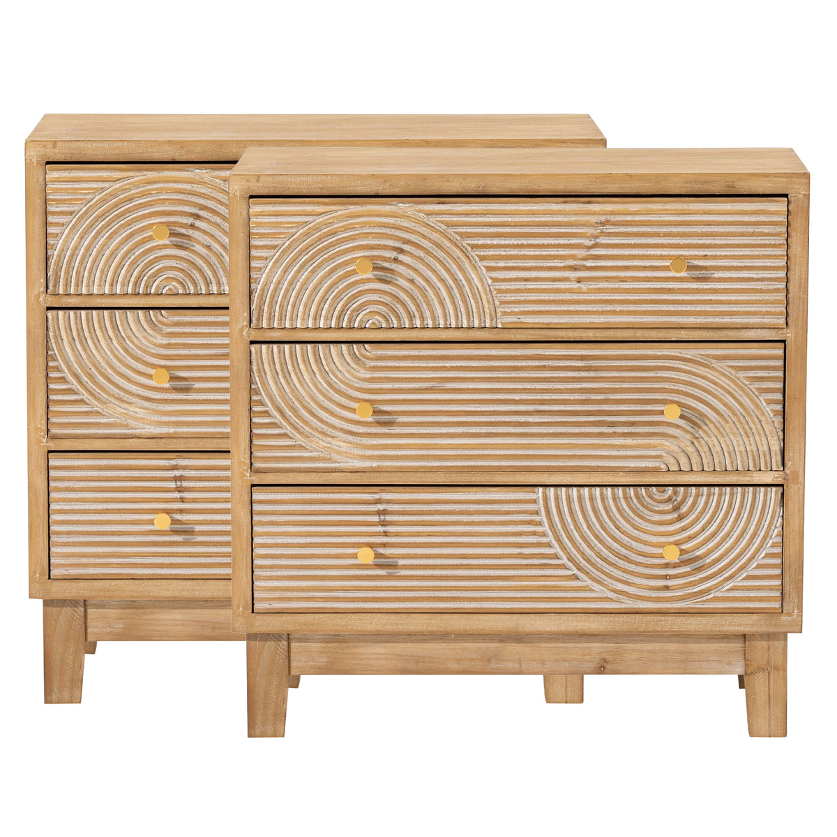 COZAYH 2 Pack 3-Drawer Farmhouse Dresser, Rustic Ring Motif Nightstand, Natural
