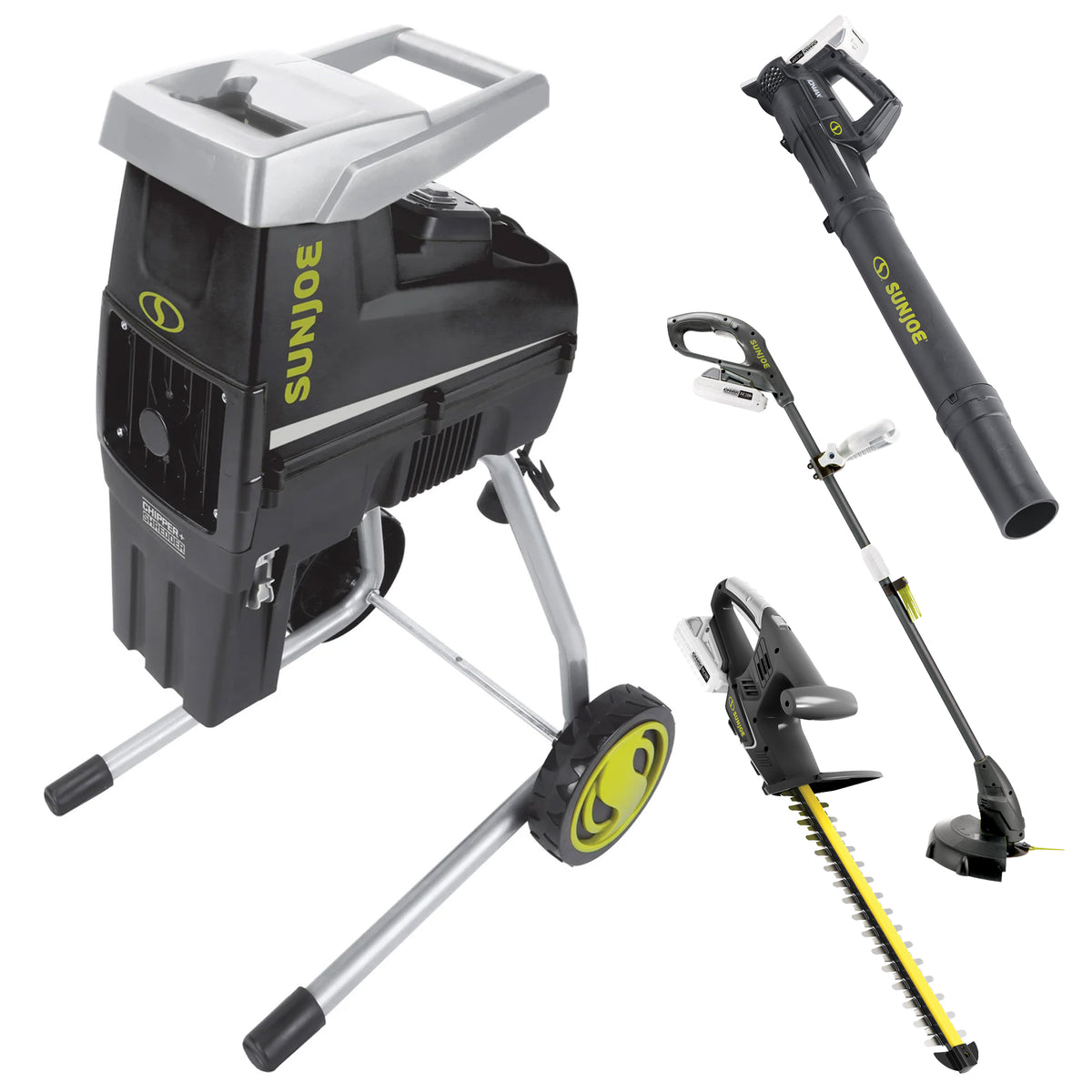 Sun Joe Silent Wood Chipper Shredder and Cordless Leaf Blower and Trimmer Kit
