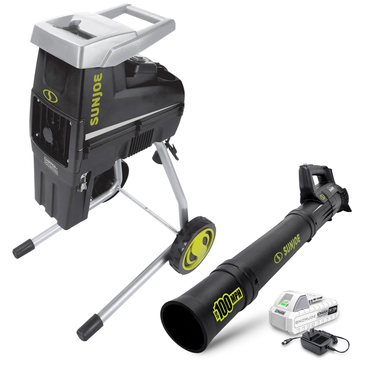 Sun Joe Silent Wood Chipper Shredder and Cordless Compact Turbine Jet Blower