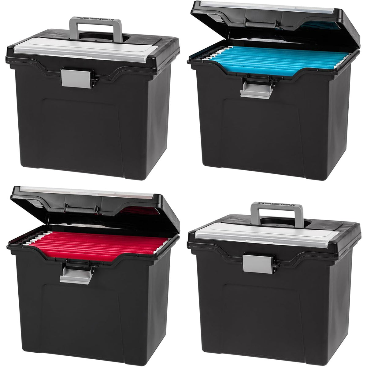 IRIS USA 4-Pack Plastic File Box Organizer with Lid, Letter File Storage, Black