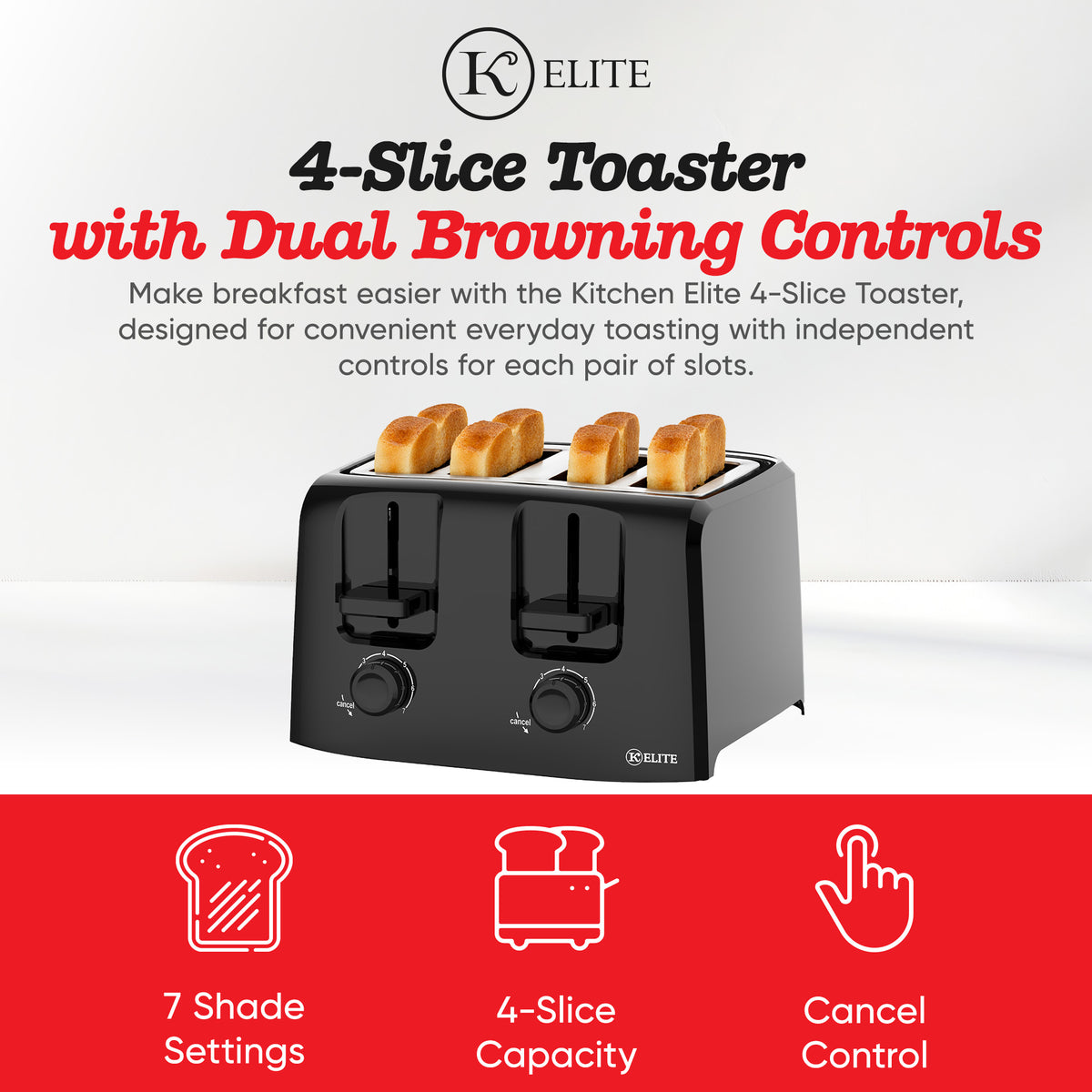 Kitchen Elite 4-Slice Toaster with Dual Control, 7 Shade Settings, 1500W, Black