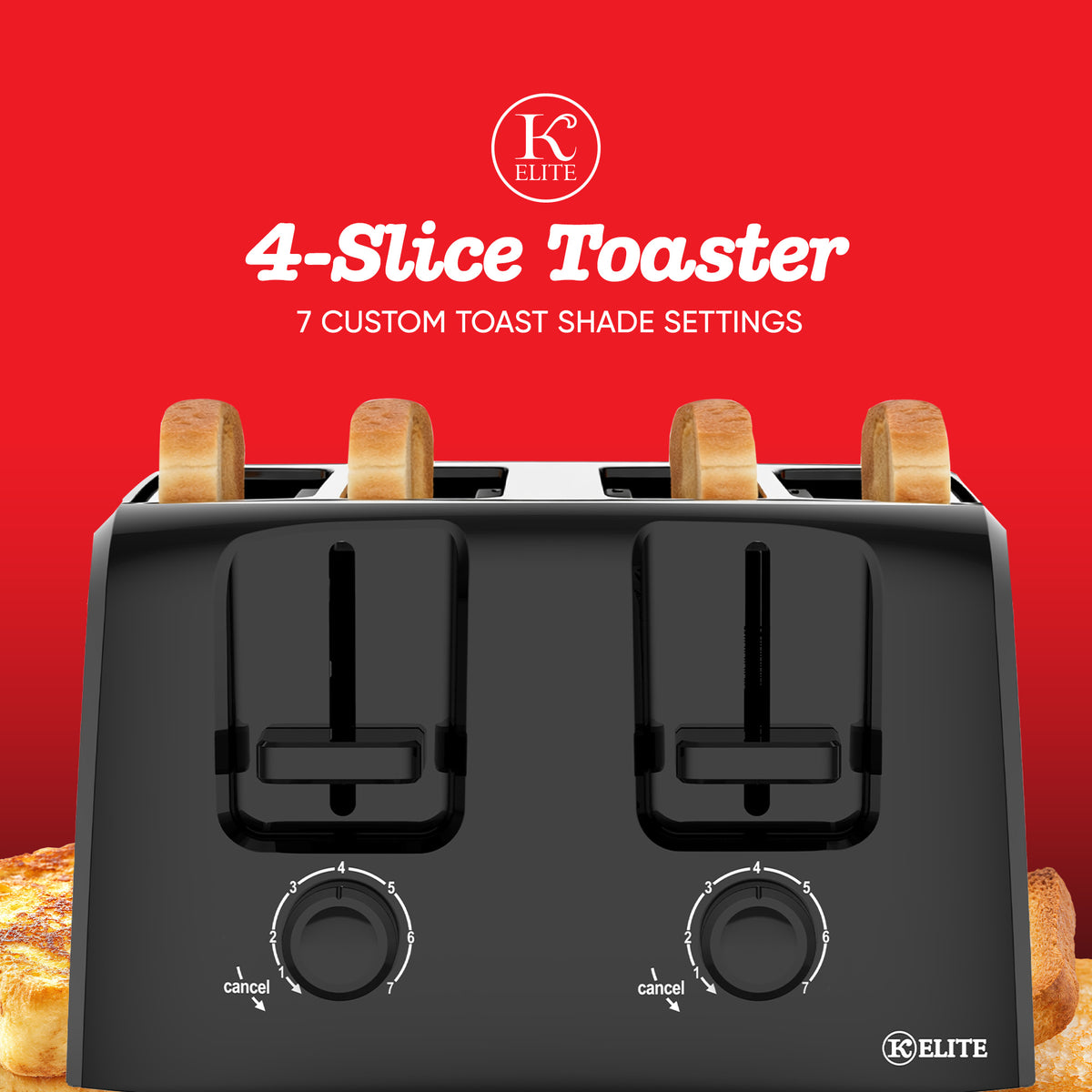 Kitchen Elite 4-Slice Toaster with Dual Control, 7 Shade Settings, 1500W, Black