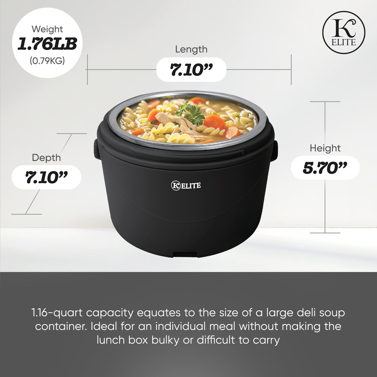 Kitchen Elite 1.16 Qt Electric Heated Lunch Box and Portable Food Warmer, Black - VMInnovations