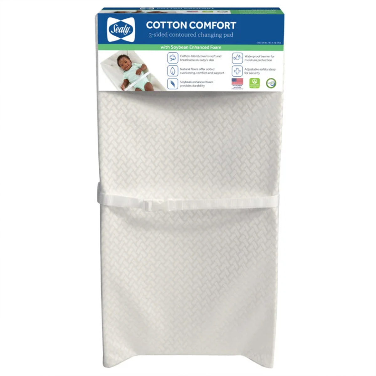Sealy Baby Cotton Comfort 3-Sided Contoured Diaper Changing Pad, 32 x 16 In