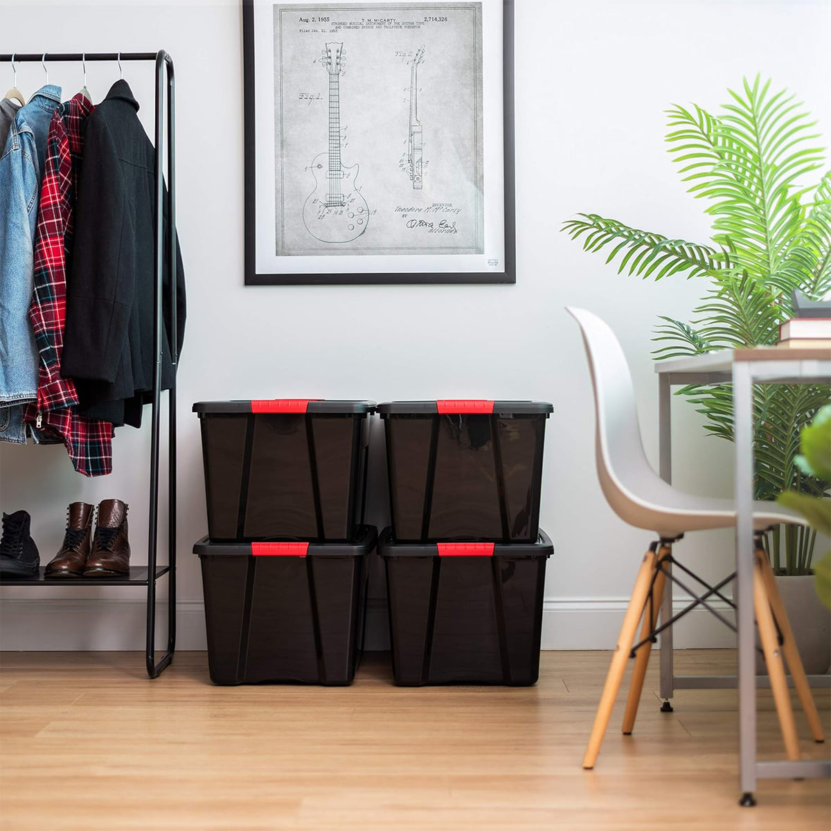 IRIS USA 4 Pack 72 Qt Stackable Plastic Storage Bins with Lids for Closet, Black