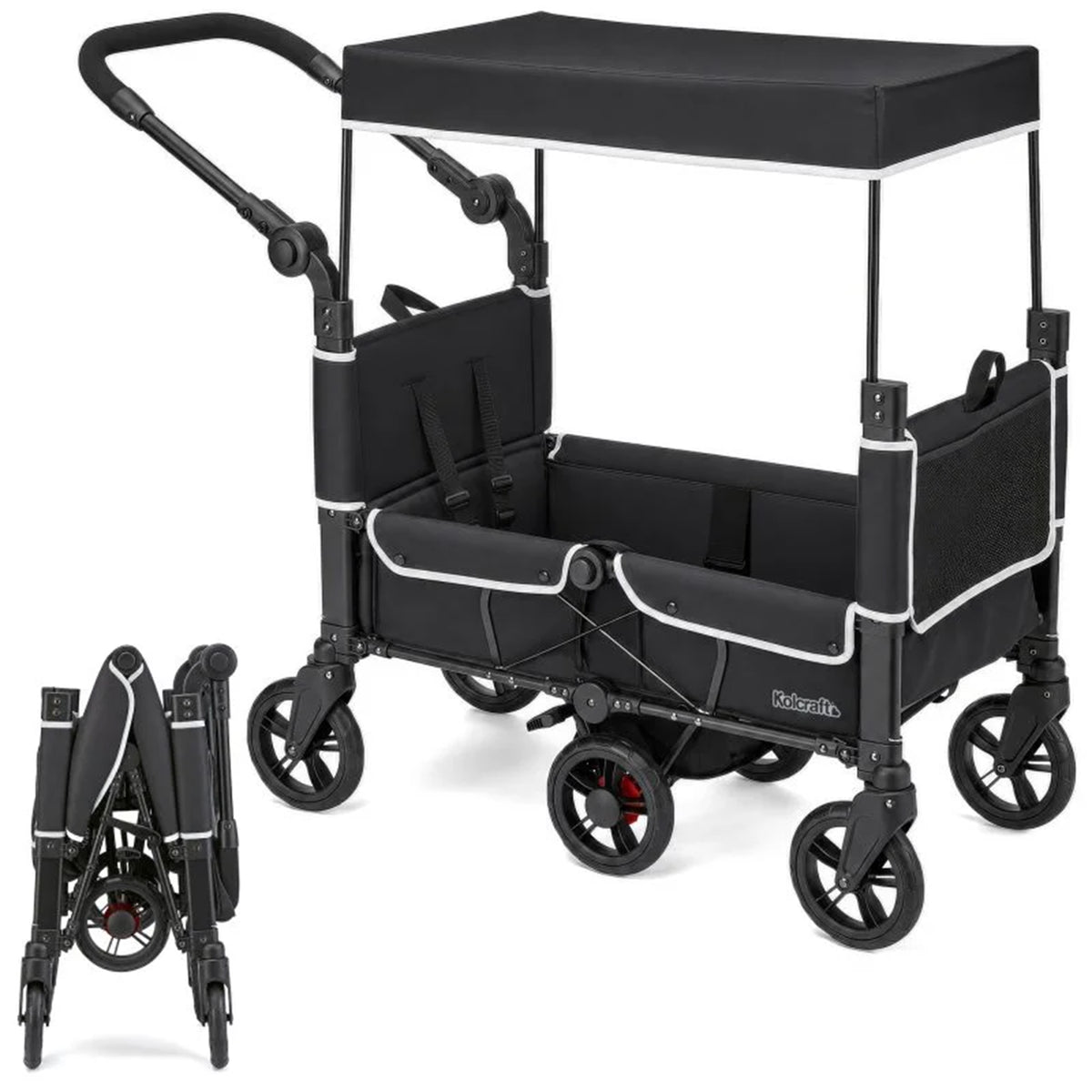 Kolcraft Foldable Stroller Wagon for 2 Kids, 5-Point Harness, 110 Lb Cap, Black