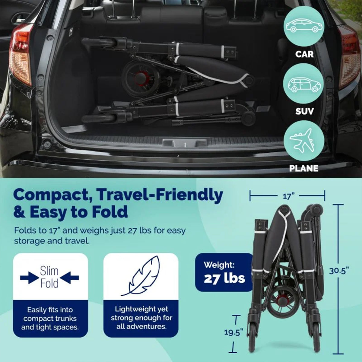 Kolcraft Foldable Stroller Wagon for 2 Kids, 5-Point Harness, 110 Lb Cap, Black