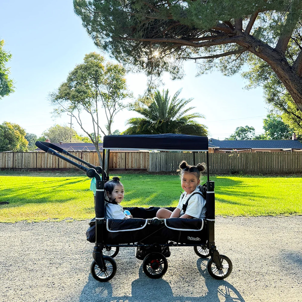 Kolcraft Foldable Stroller Wagon for 2 Kids, 5-Point Harness, 110 Lb Cap, Black