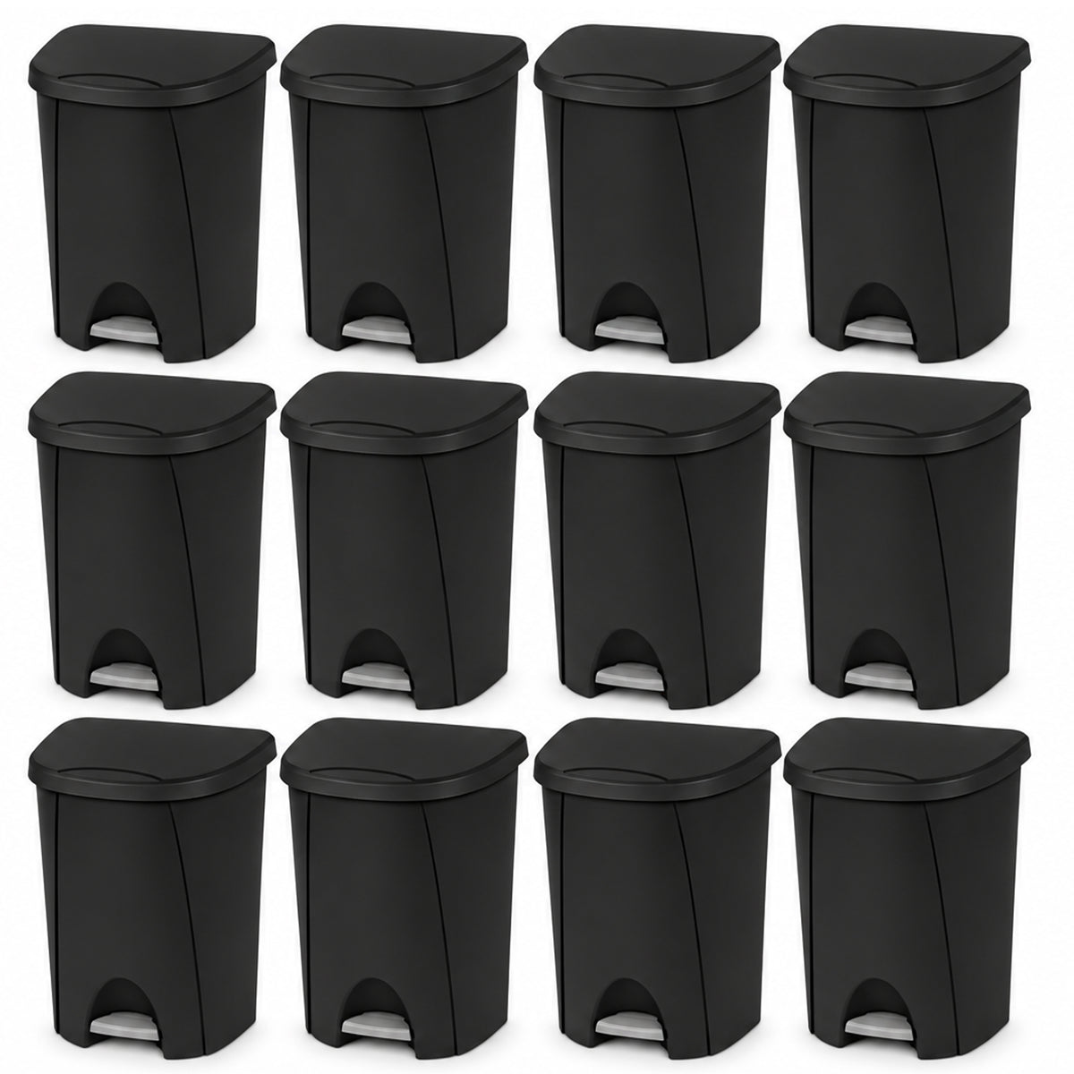 Sterilite 6.6 Gallon StepOn Wastebasket Hands Free Trash Can, Black, 12 Pack
