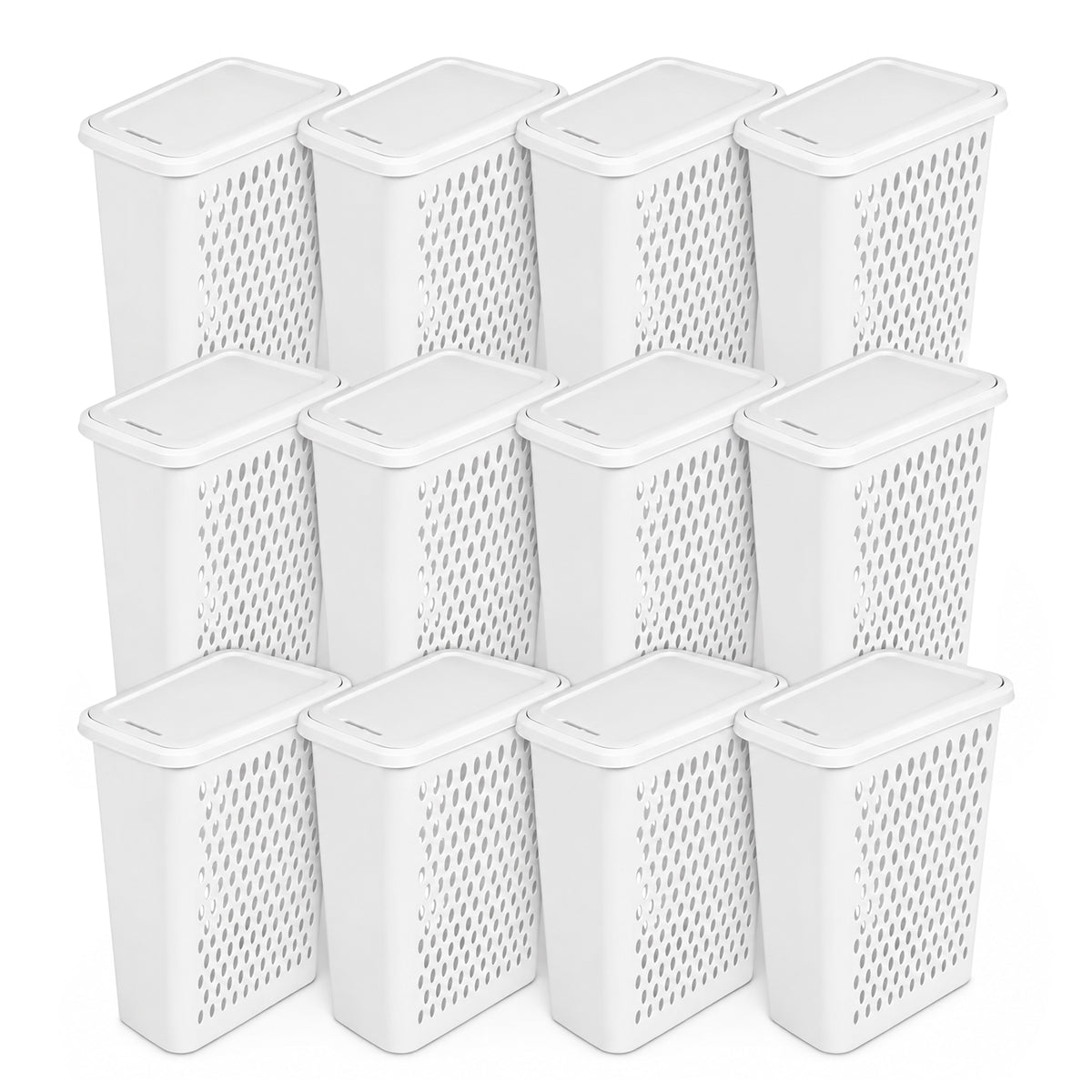 Sterilite Slim Laundry Hamper, 1.75 Bushel Clothes Basket w/ Lid, White, 12 Pack