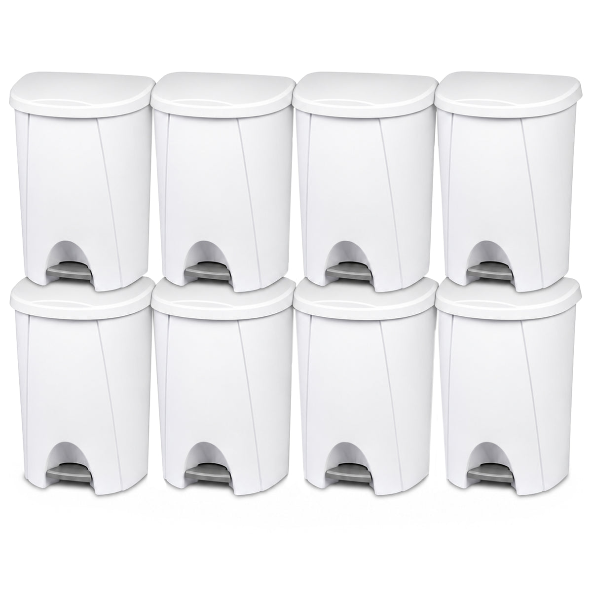 Sterilite 6.6 Gal StepOn Wastebasket Hands Free Garbage Trash Can, White, 8 Pack