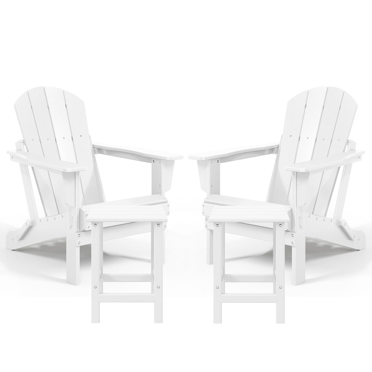 WestinTrends Malibu Classic Outdoor Patio HDPE Folding Adirondack Chair, White (2 Pack) + WestinTrends Malibu 14" Square Outdoor Side Table for Adirondack Chair, White (2 Pack)