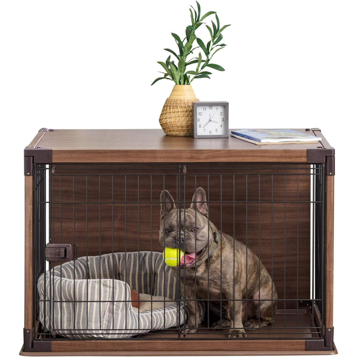 IRIS USA Wood-Look Wire Pet Crate with Sliding Lock Gate and Cleaning Tray