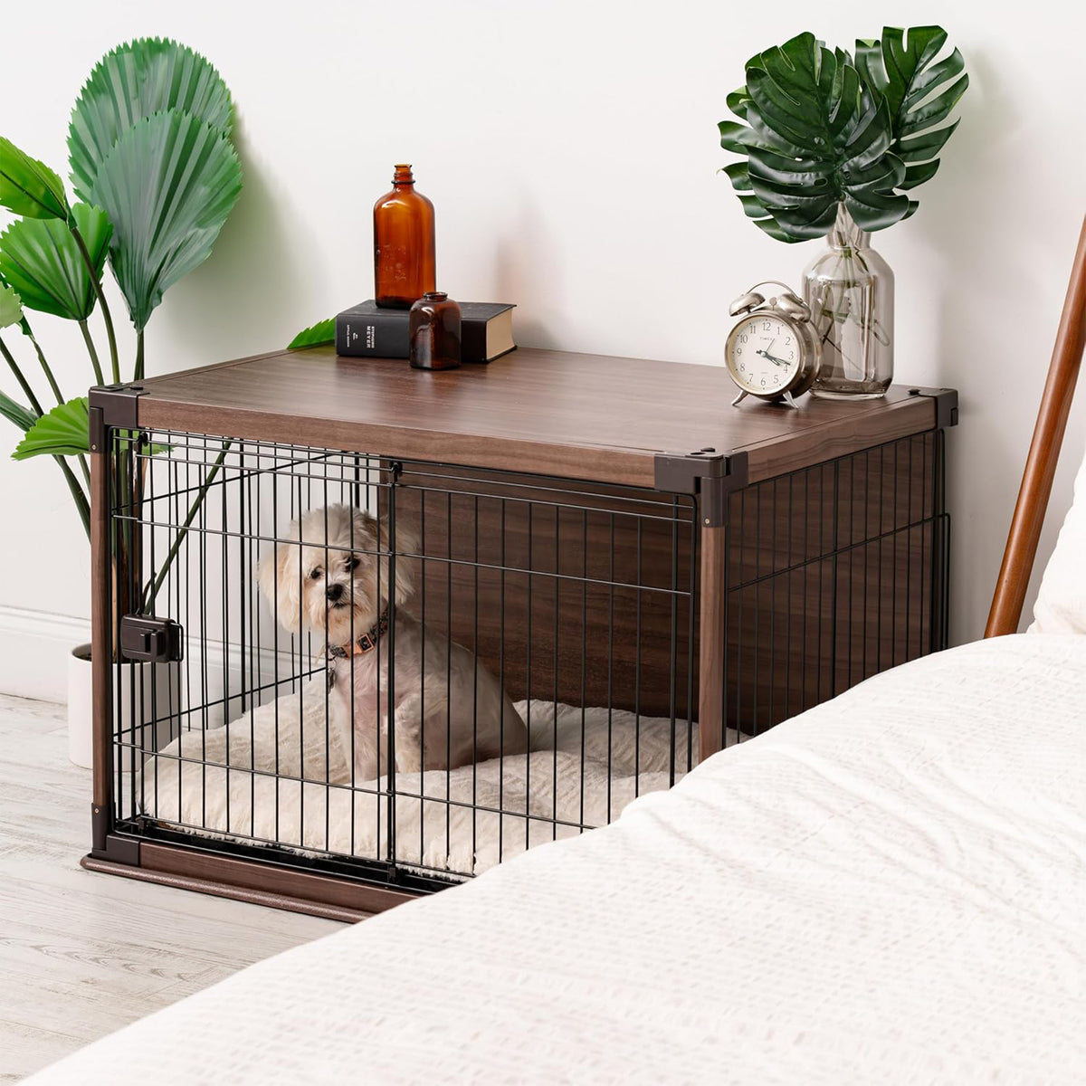 IRIS USA Wood-Look Wire Pet Crate with Sliding Lock Gate and Cleaning Tray