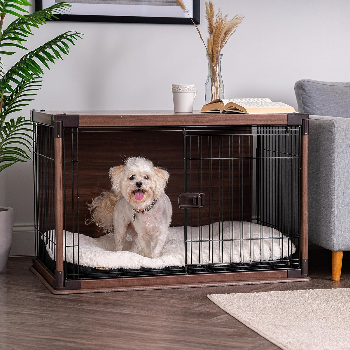 IRIS USA Wood-Look Wire Pet Crate with Sliding Lock Gate and Cleaning Tray