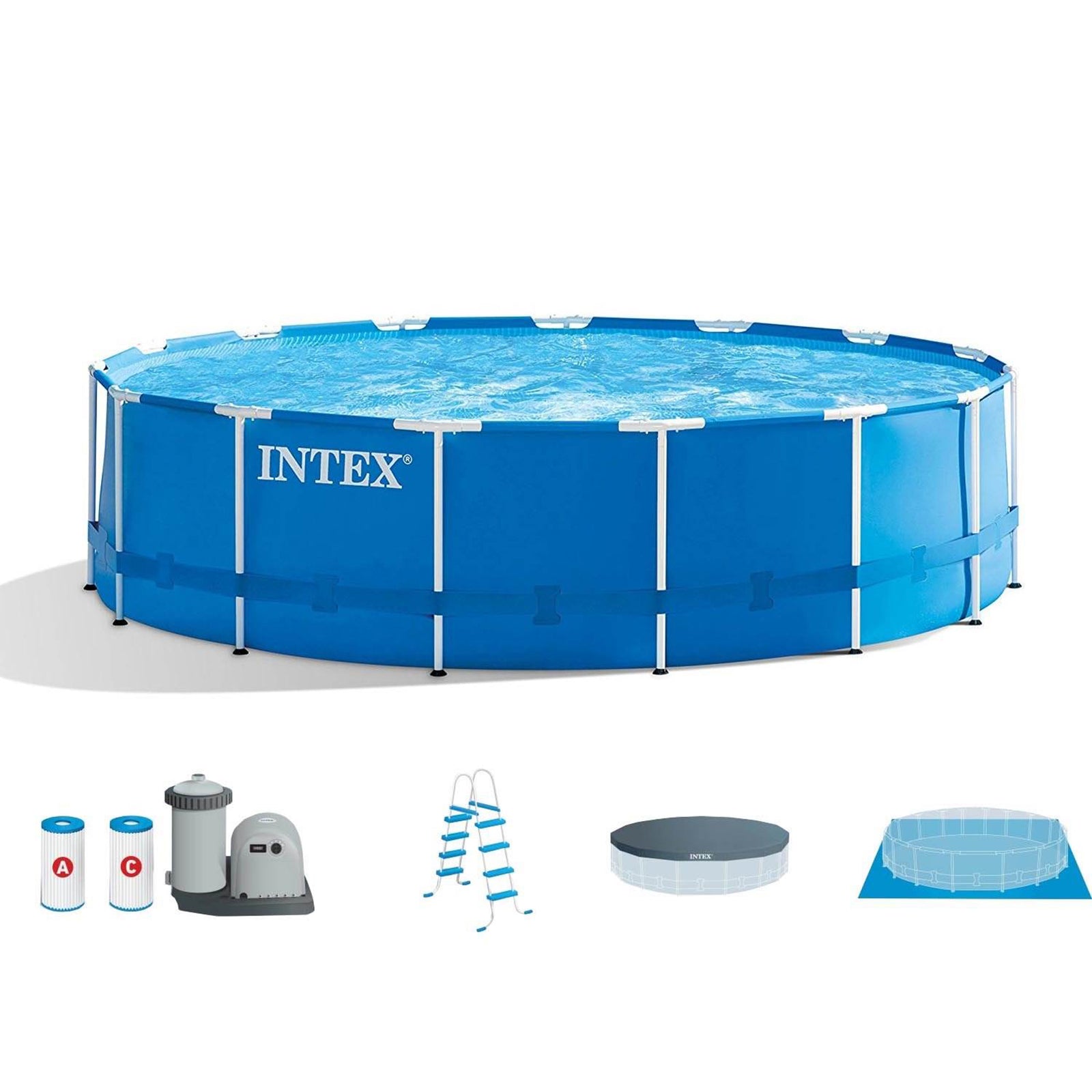 Intex 18ft x 48in Metal Frame Swimming Pool Set with 1,500 GFCI Pump & Filter - VMInnovations