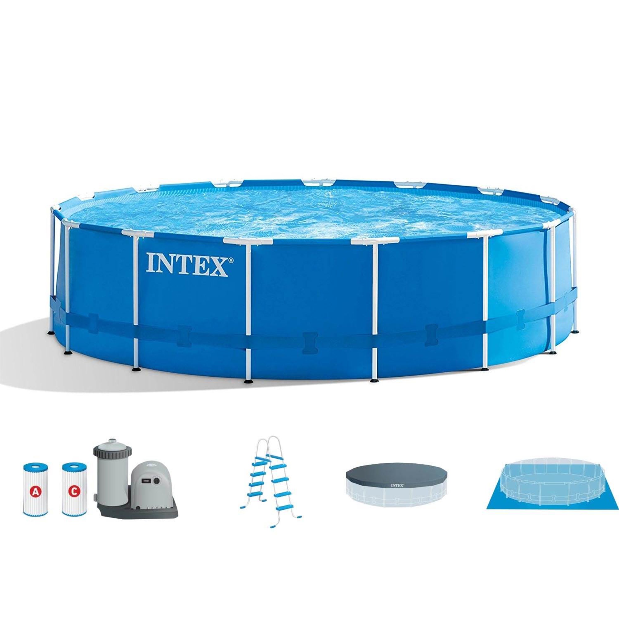 Intex 18ft x 48in Metal Frame Swimming Pool Set with 1,500 GFCI Pump & Filter - VMInnovations