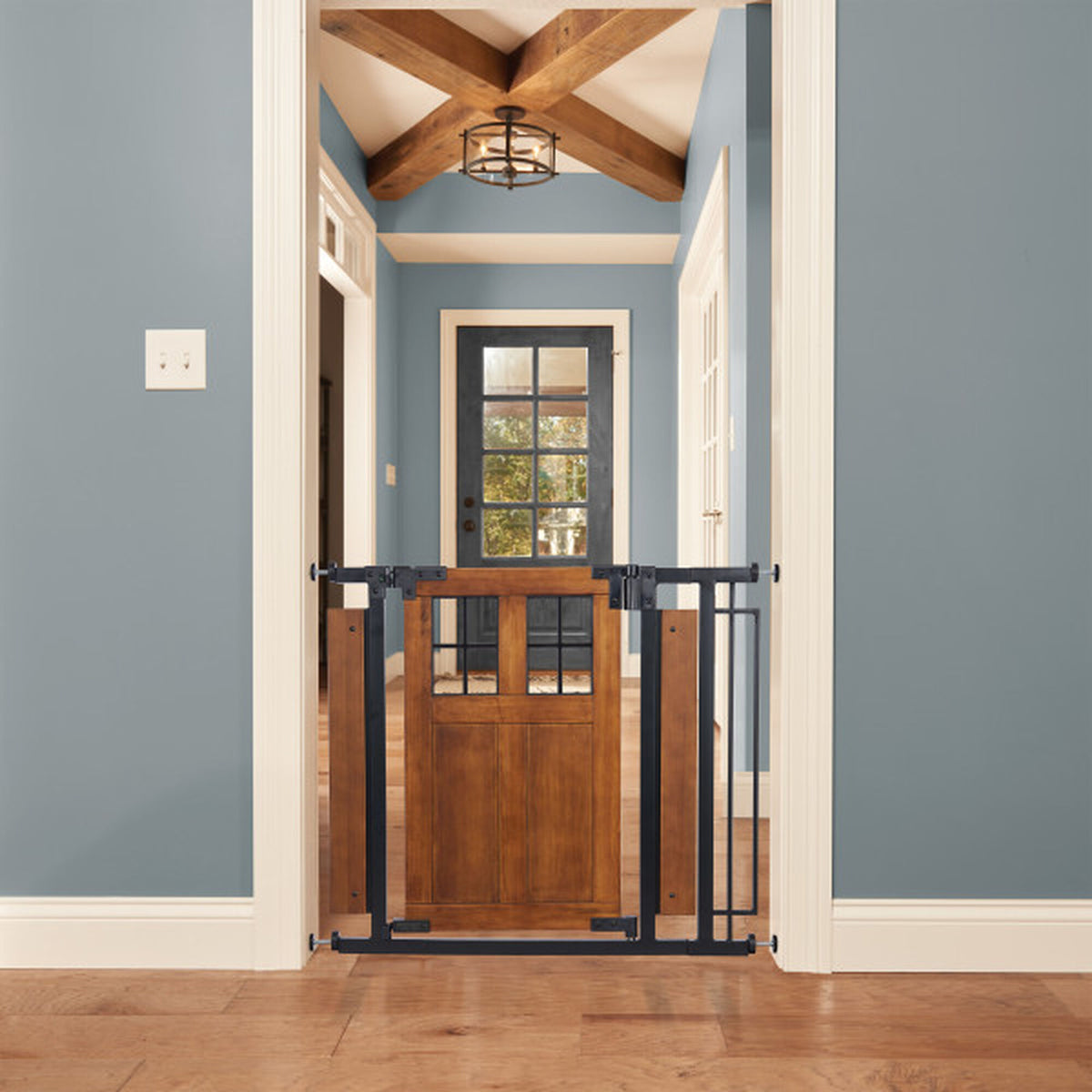 Evenflo 30" Easy Walk Thru Child Safety Barn Door Doorway & Stairs Gate, Brown - VMInnovations