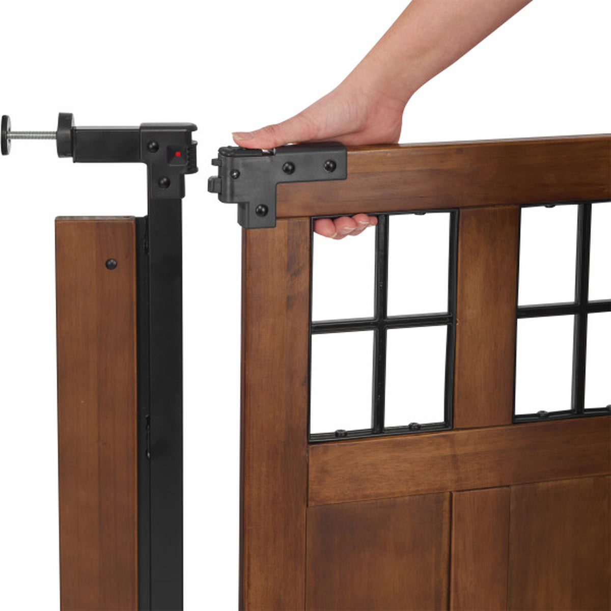 Evenflo 30" Easy Walk Thru Child Safety Barn Door Doorway & Stairs Gate, Brown - VMInnovations
