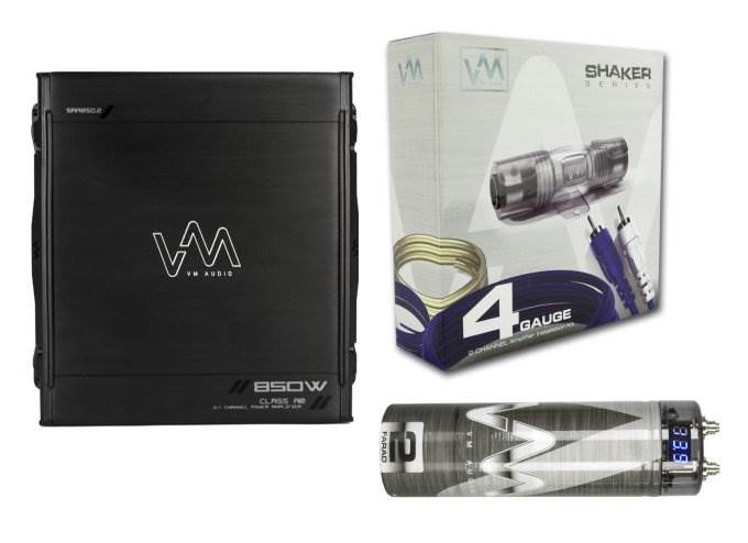 VM Audio SRA850.2 850W 2/1 Channel Car Amp + 4 Gauge Wiring Kit + 2 Farad Cap