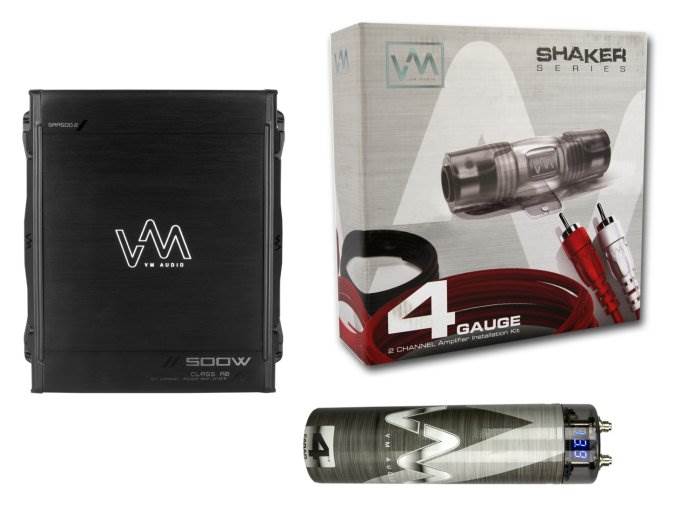 VM Audio 500W 2 Channel Car Amp + 4 Gauge Wiring Kit (Red) + 4.5 Farad Capacitor