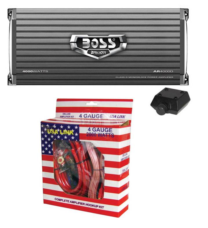 Boss AR4000D 4000W Mono D Car Audio Amplifier w/Remote & 4 Gauge Amp Install Kit