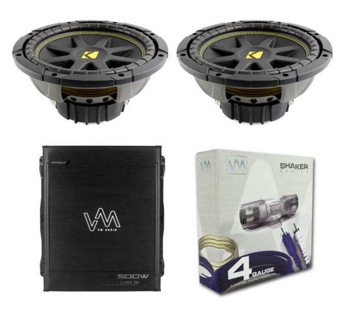 2) KICKER 10C104 10" 600W 4 Ohm Car Subwoofers + 500W Amplifier + 4 Ga Amp Kit