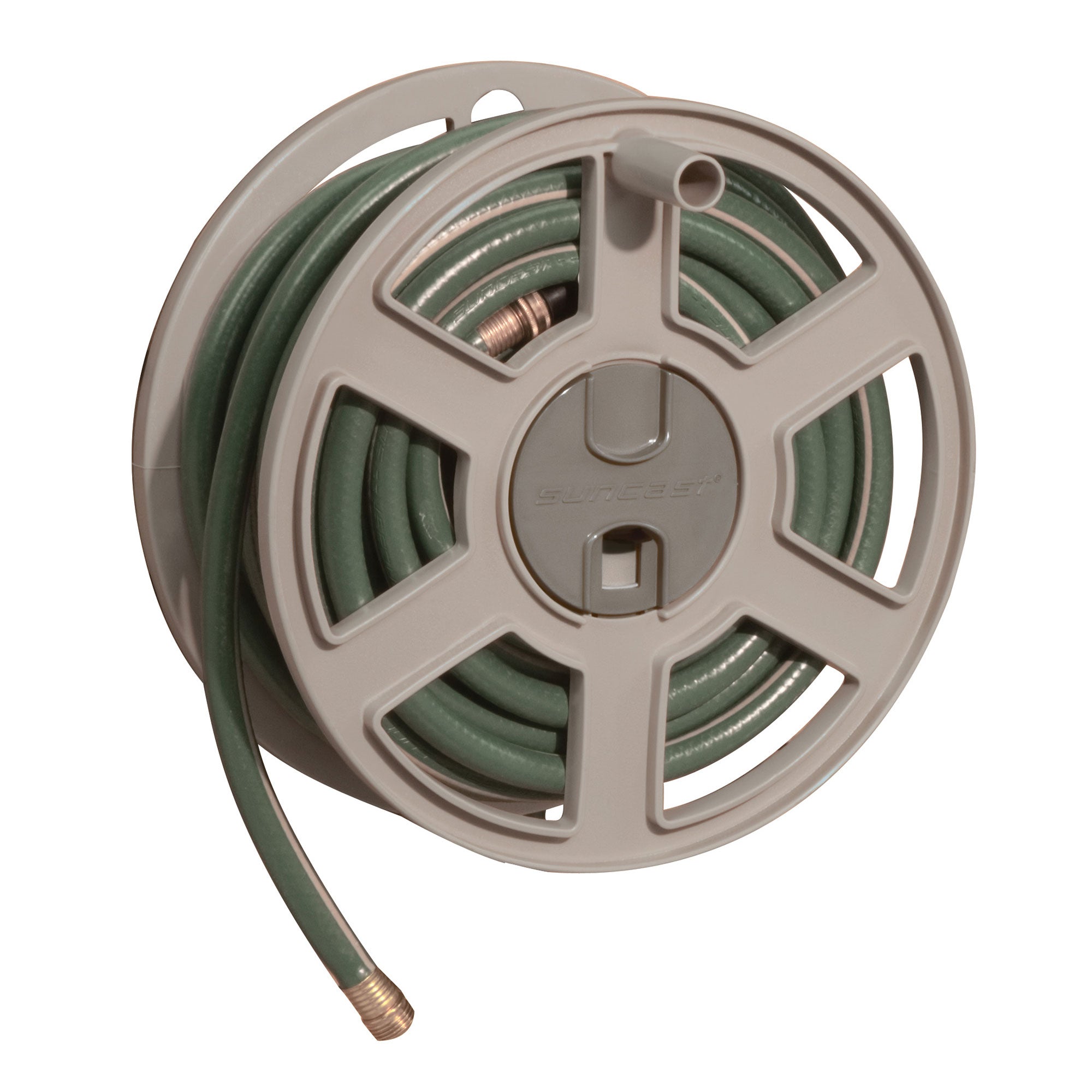 Suncast Sidewinder 100 Foot Wall Mount Garden Yard Outdoor Hose Reel, Taupe