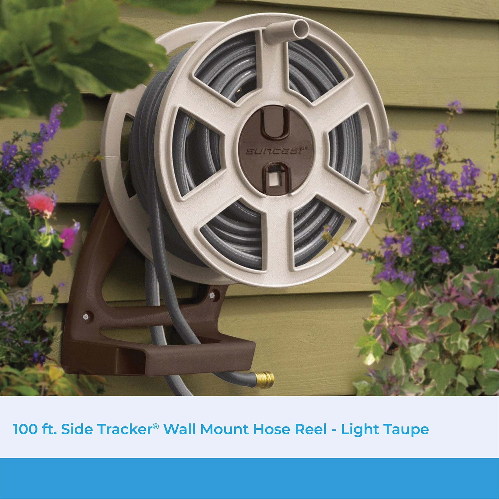 Suncast 100 Ft. Wall Mount Garden/Yard Hose Reel Side Winder- Taupe (Open Box)