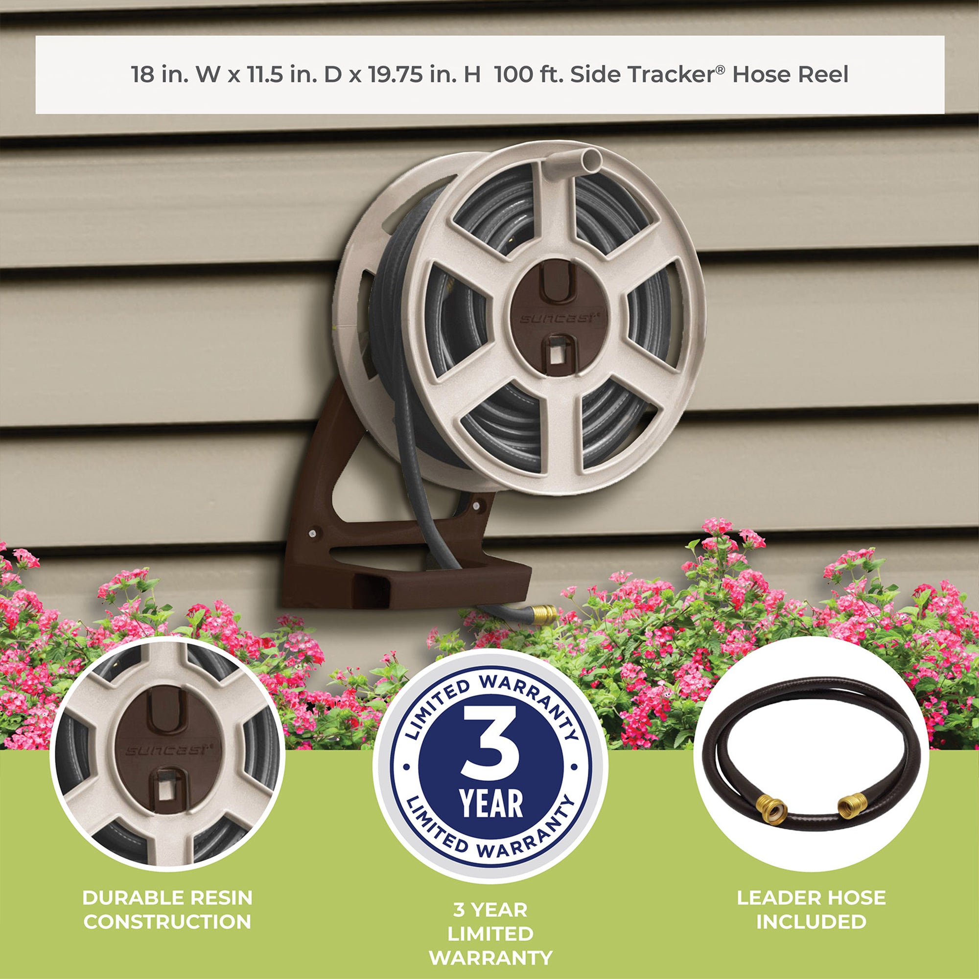 Suncast SWA100 100' Wall Mount Garden Yard Hose Reel Side Winder, Taupe (Used)