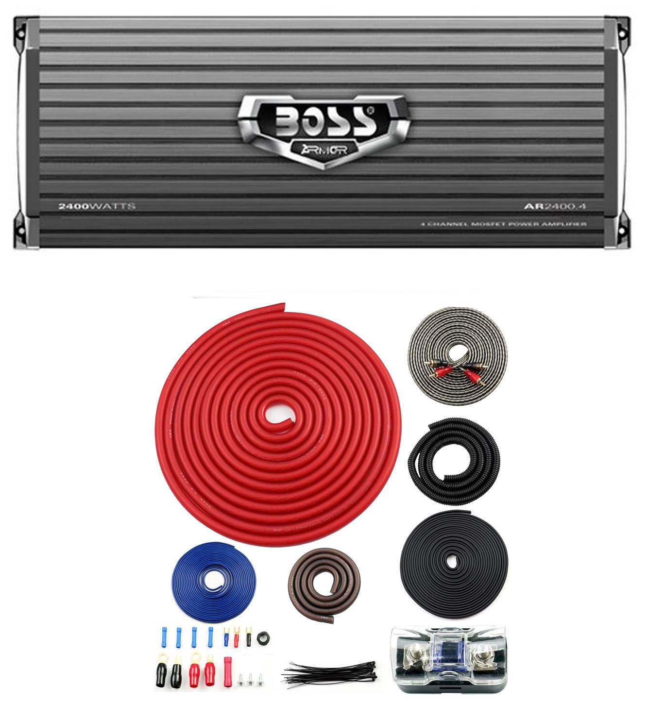 BOSS AUDIO AR2400.4 2400W 4 Channel Car Amplifier AR24004+Remote+4 Ga Amp Kit