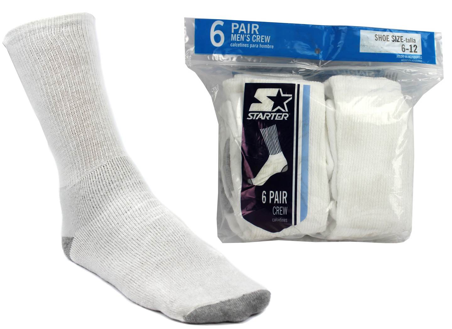 6 Pairs New Starter SM86026 Men's Crew Socks Shoe White -Size 6-12 - Open Bag