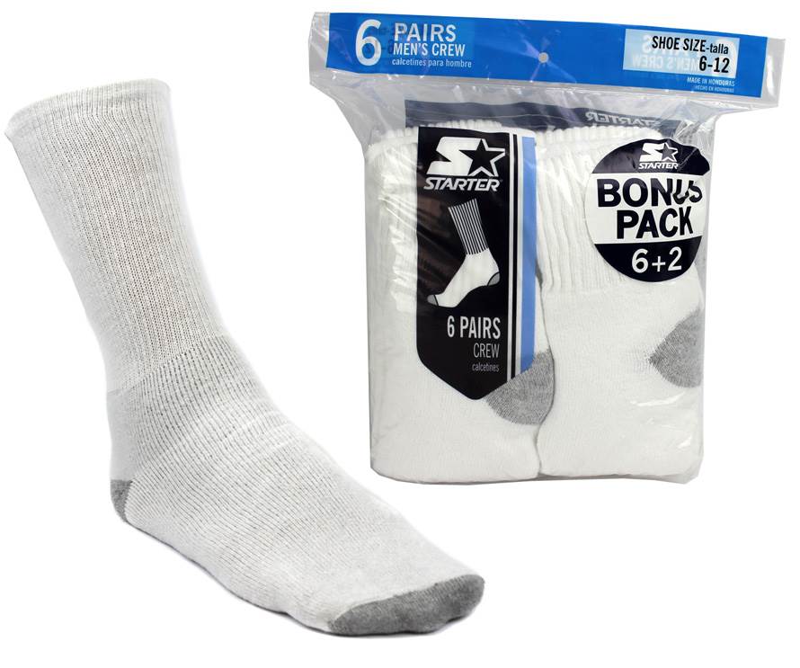 6 Pairs New Starter SM86026 Men's Crew Socks Shoe White -Size 6-12 - Open Bag