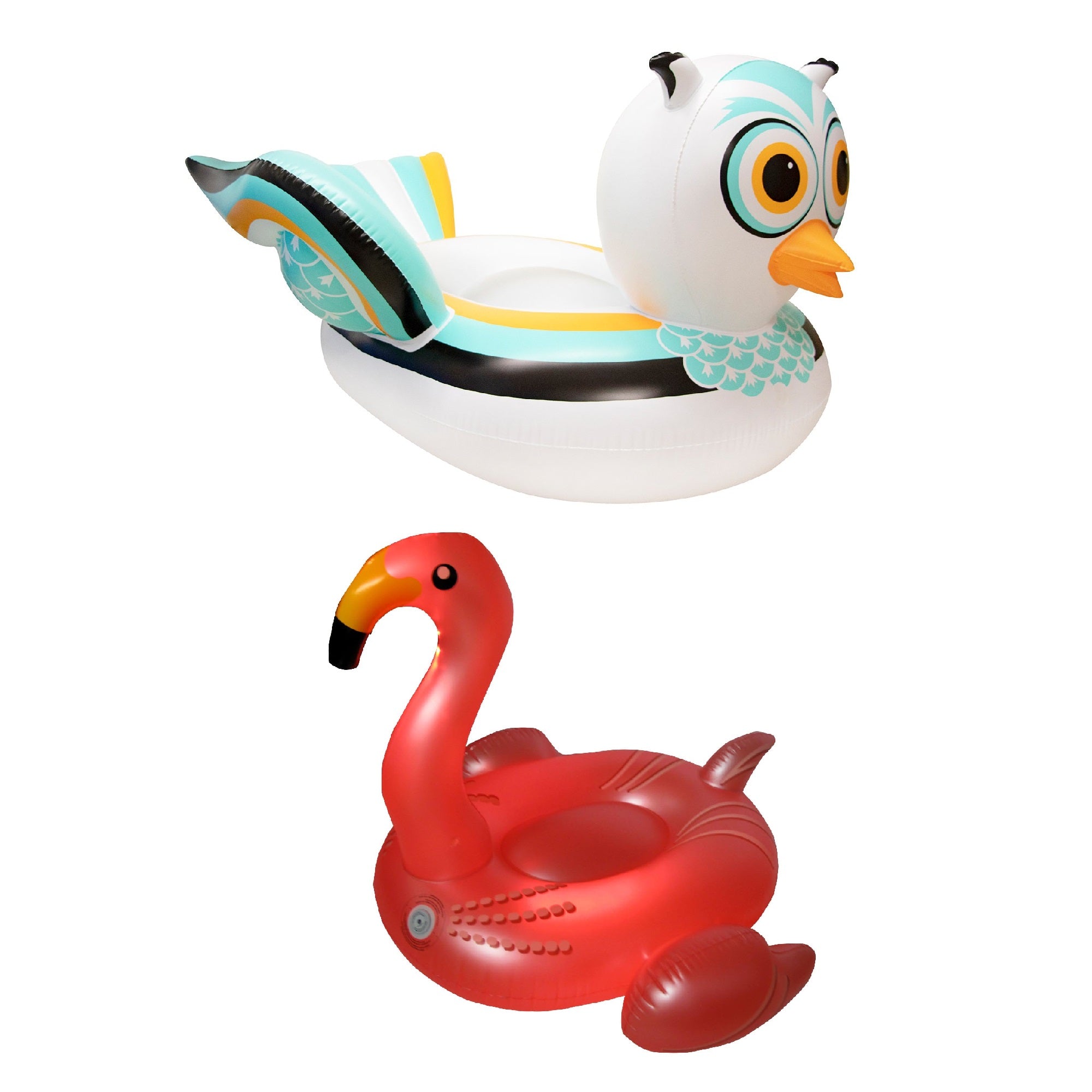 Swimline Giant Owl Pool Ride-On and Giant Color Changing LED Flamingo Ride-On