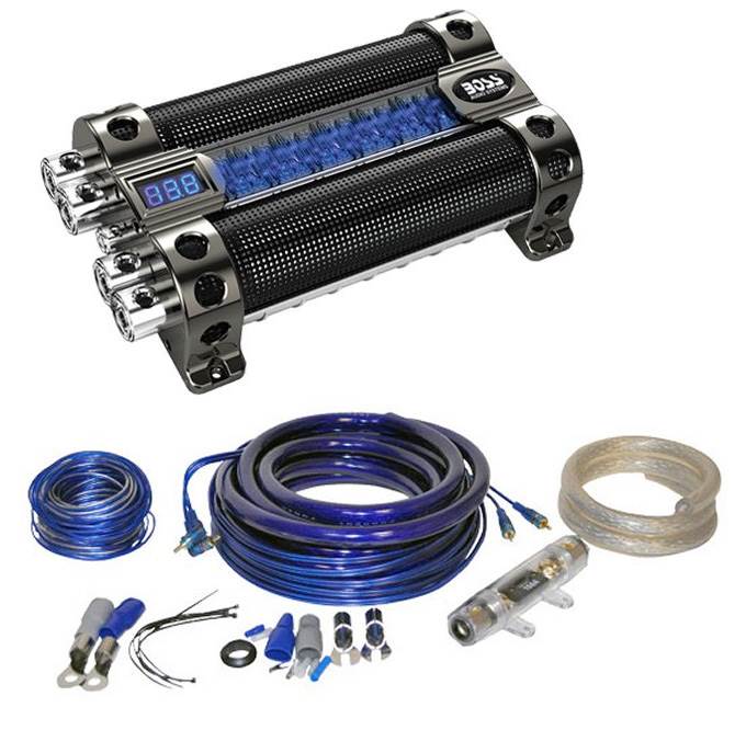 BOSS CAP18 18 FARAD Digital Car Audio Capacitor Cap LED + 0/1 Gauge Amp Kit