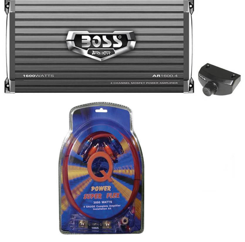 BOSS AUDIO AR1600.4 1600W 4 Channel Car Amplifier AR16004 +Remote + 4 Ga Amp Kit