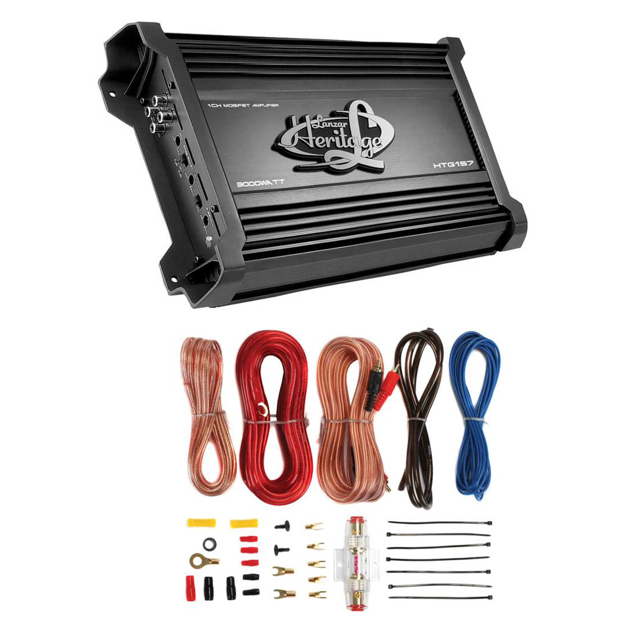 Lanzar HTG157 3000W Mono MOSFET Car Amp & Soundstorm AKS8 8 Gauge Amp Wiring Kit