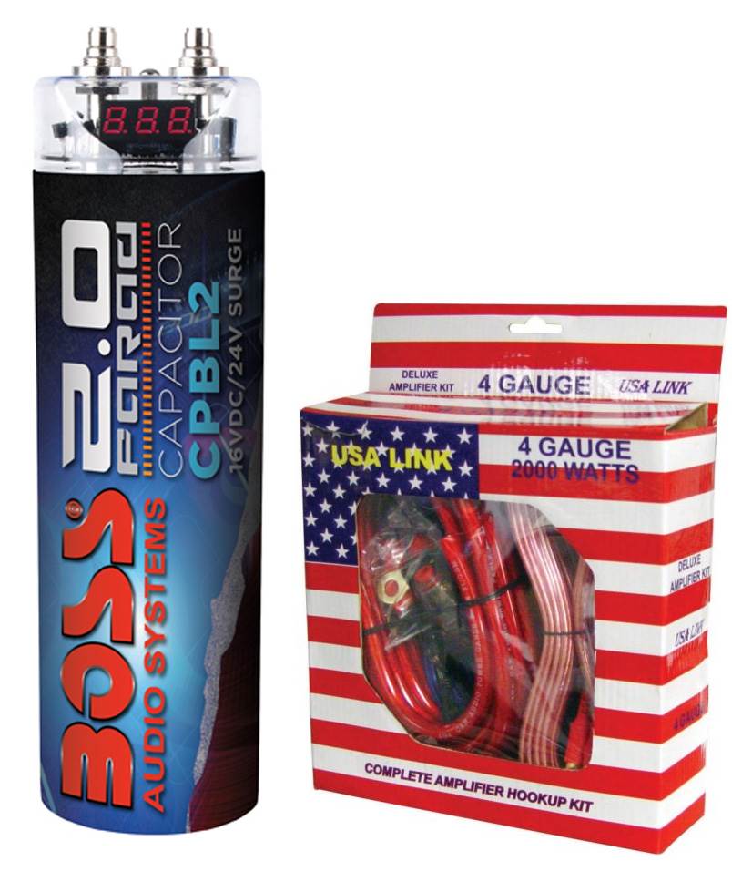 Boss CPBL2 2 Farad Car Digital Voltage Capacitor Power Audio Cap + 4 Ga Amp Kit