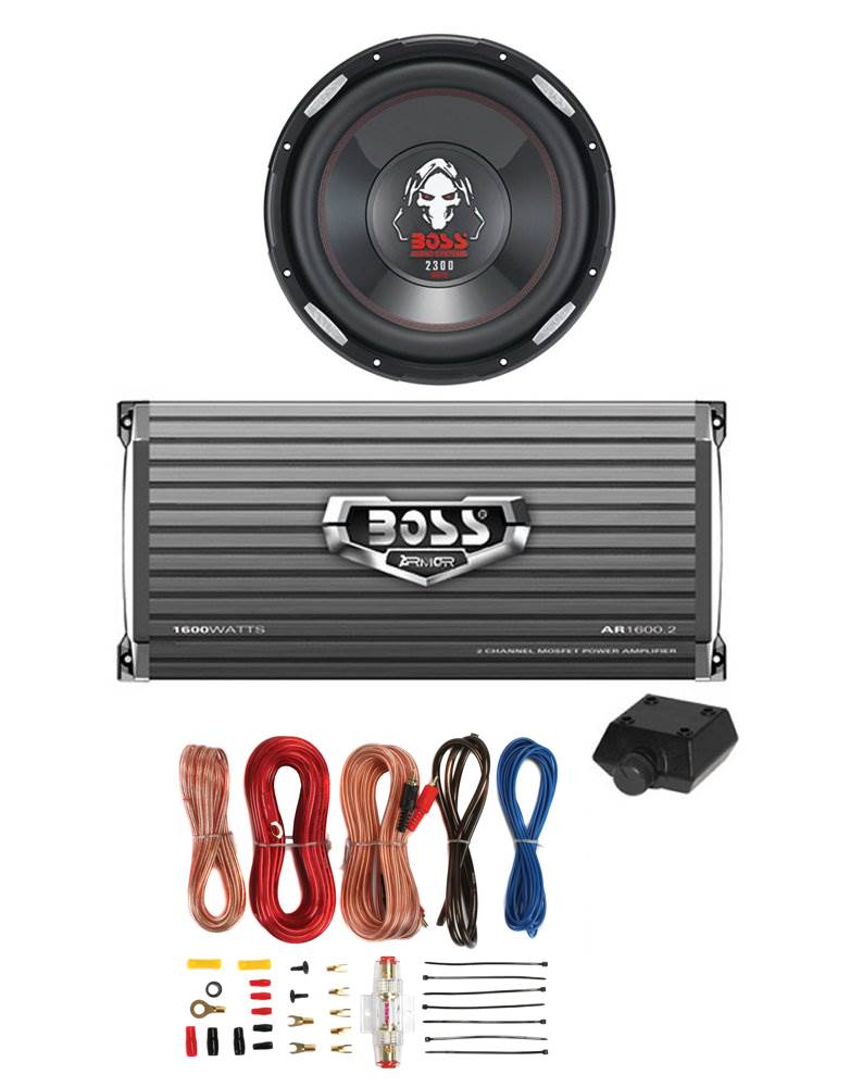 BOSS P126DVC 12" 2300W Car Subwoofer, AR16002 1600W 2-Ch Amp & 8 Gauge Amp Kit