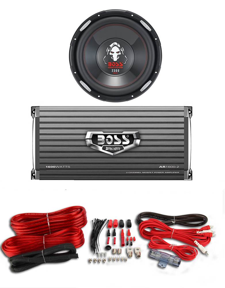 BOSS P126DVC 12" 2300W Car Subwoofer + AR16002 1600W 2-Ch Amp + 4 Gauge Amp Kit