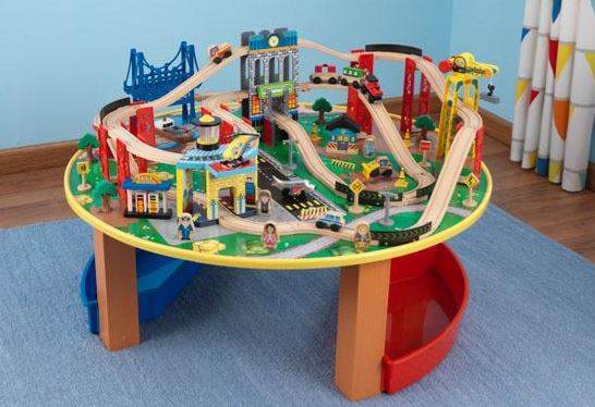 KidKraft City Explorer Wooden Train Set & Play Table w/ 80 Toy Pieces - Open Box