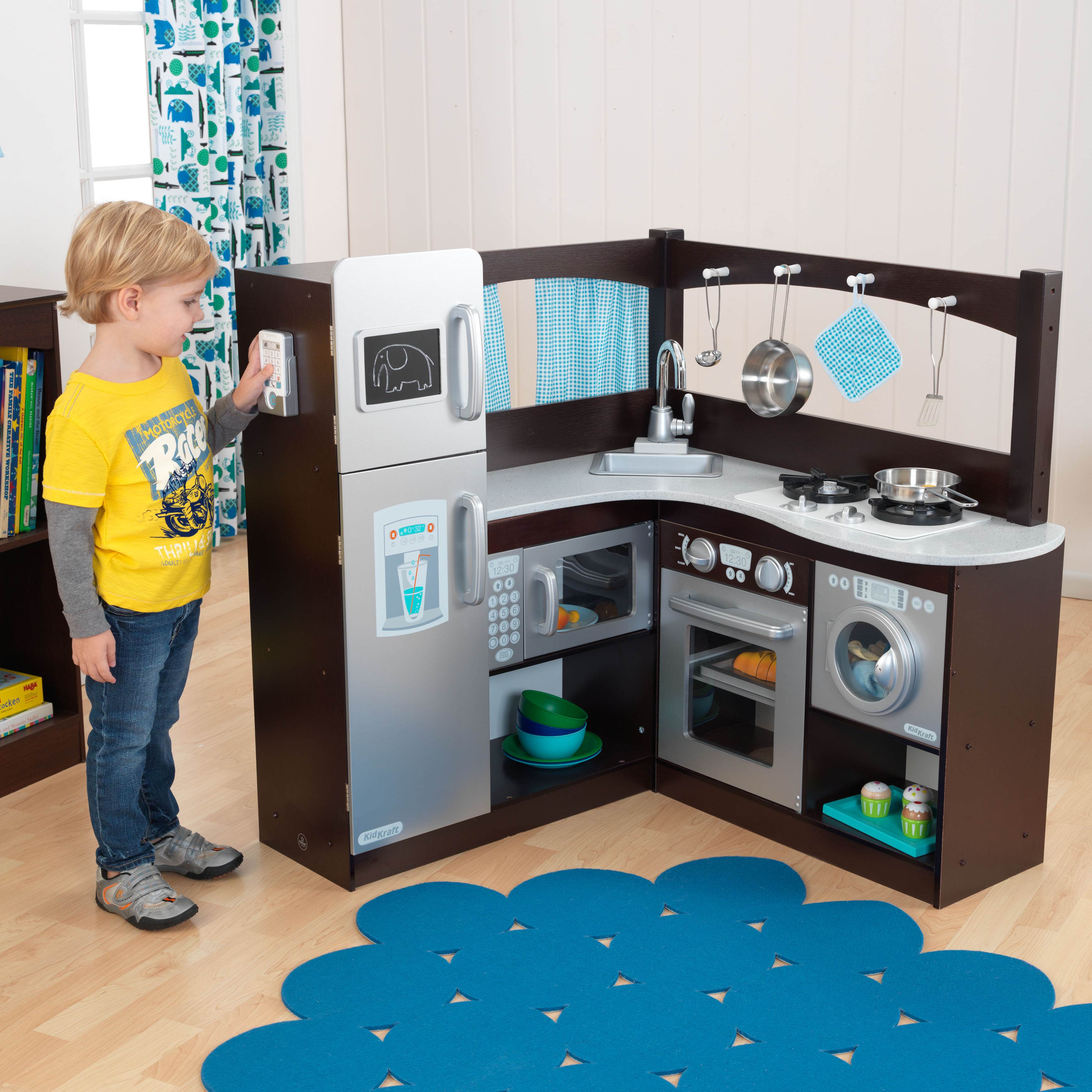 KidKraft Grand Gourmet Uptown Espresso Corner Wood Play Kitchen & Metal Cookware
