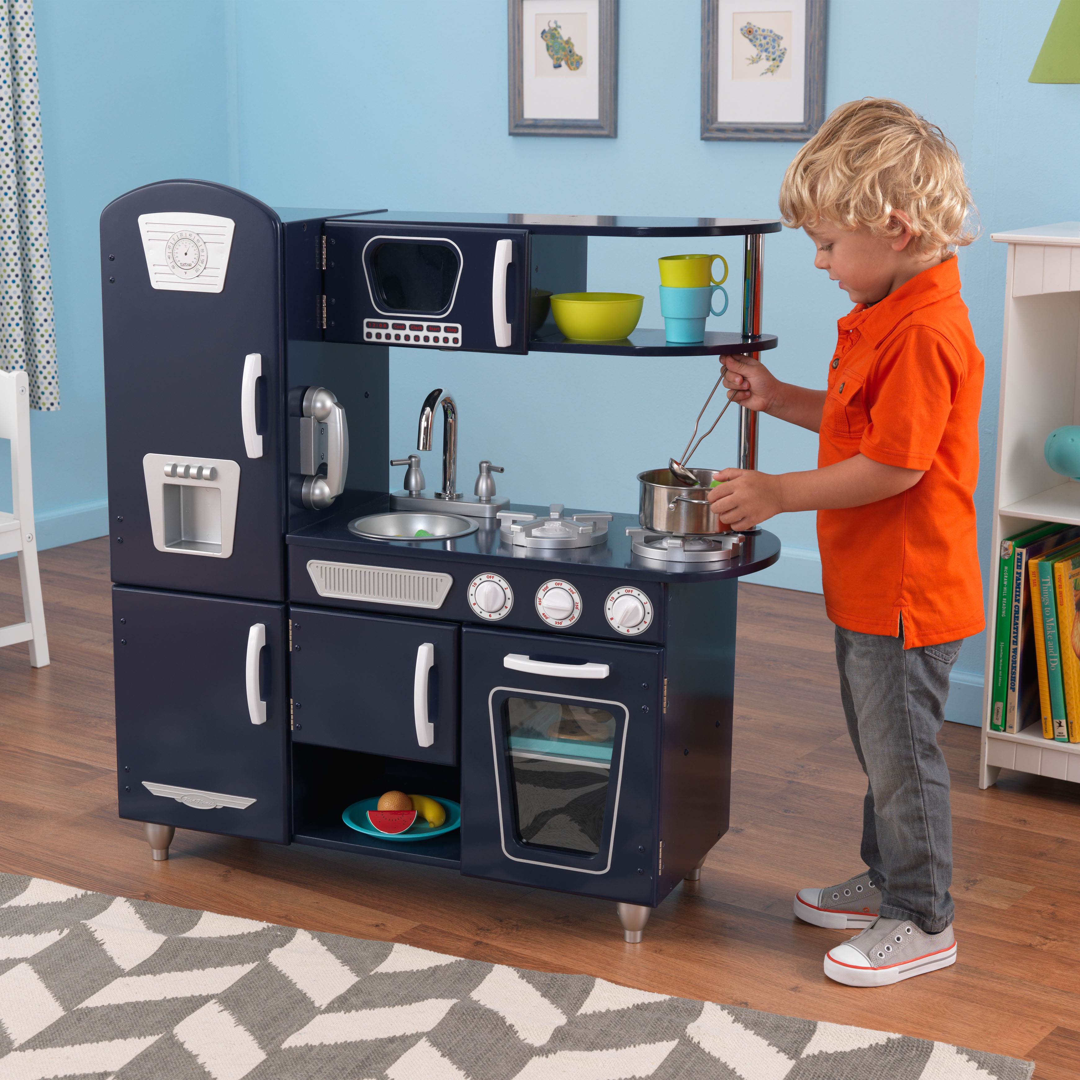 KidKraft Navy Retro Vintage Pretend Play Kids Wooden Kitchen | Open Box
