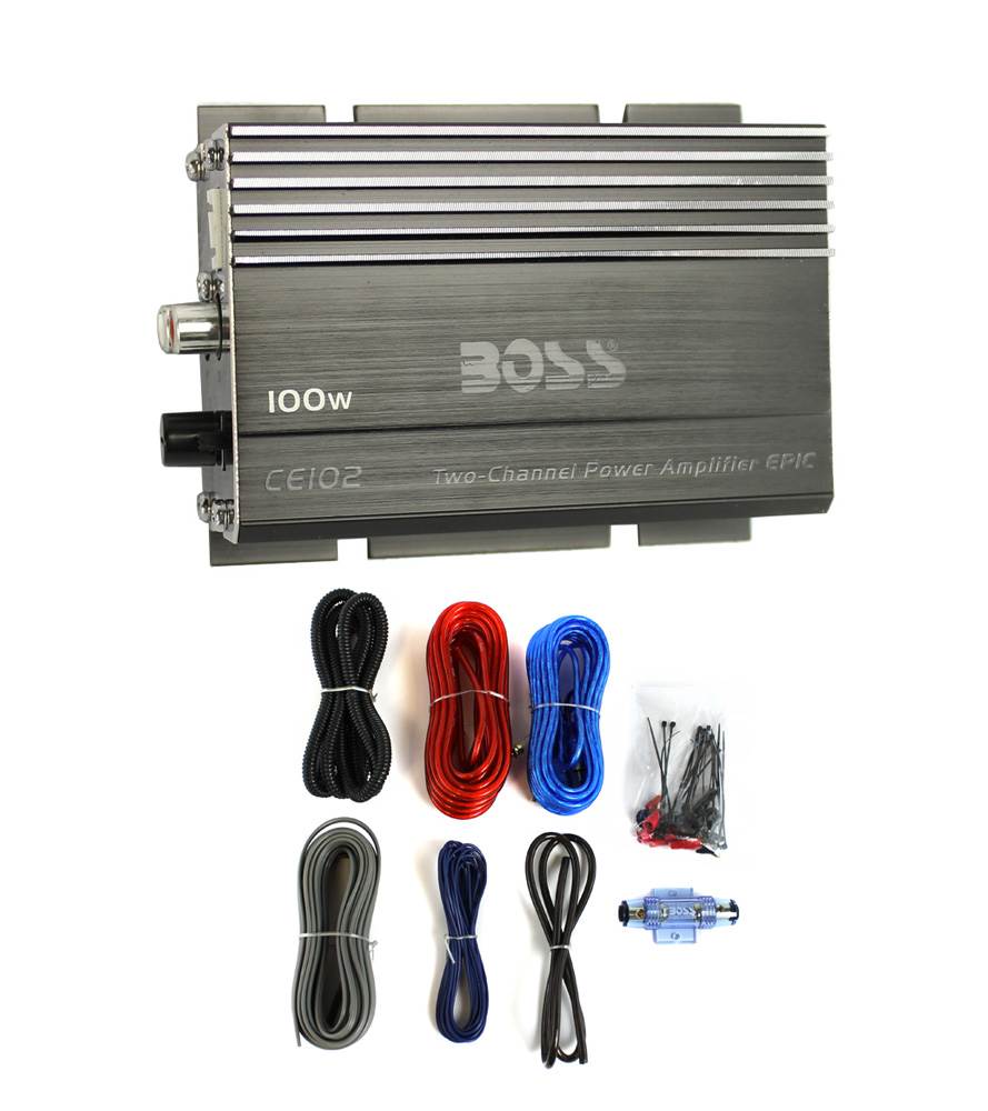 Boss CE102 100W 2-Ch Car/Motorcycle/ATV Audio Power Amplifier + 8 Gauge Amp Kit
